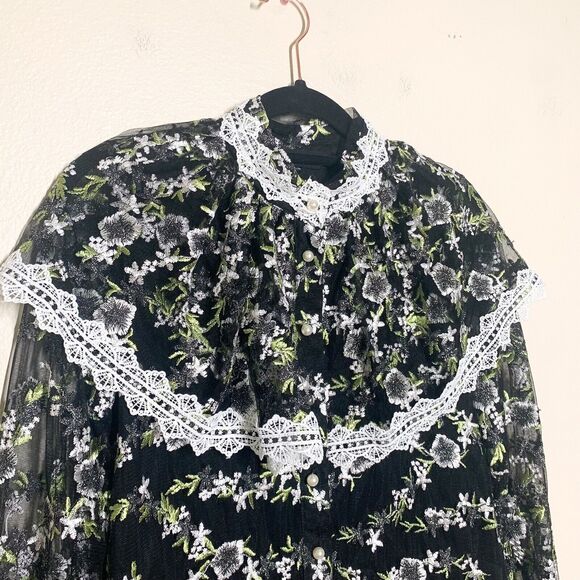 Sister Jane Prickle Organza Blouse XS Black Floral Long Sleeve Button Down Top - Picture 4 of 8